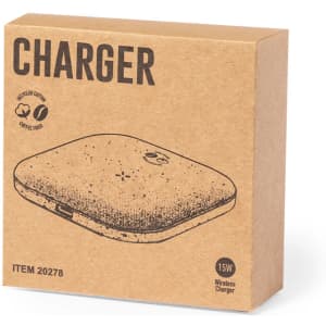 A wireless charger in a square, natural brown box with a simple design and embossed logo.
