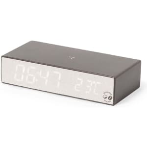 A sleek brown multifunction alarm clock displaying time and temperature, featuring a minimalistic design and a logo.