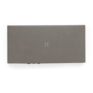 A grey multifunction alarm clock with a minimalist design, featuring a logo and buttons on the front.