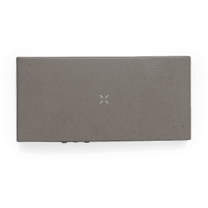 A rectangular, grey multifunction alarm clock with a minimalistic design, featuring a logo and buttons at the bottom.