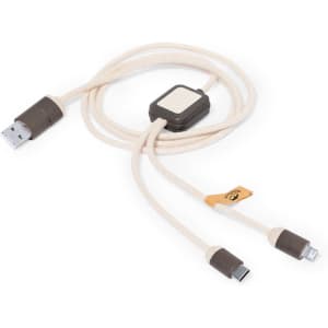 A charging cable with a cream and brown design, featuring USB and USB-C connectors and a small logo.