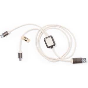 A charging cable with grey ends and a white braided cord, featuring a small, branded connector.
