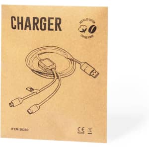 A promotional Seymur charging cable with a USB connector, displayed on a recycled brown kraft background.