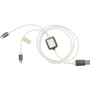 A white charging cable with multiple connectors and a small grey button. It has a branding logo.