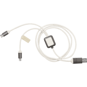 A white Seymur charging cable with multiple connectors and a small black button in the middle.