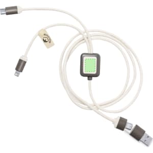 A charging cable in cream with grey accents and a square connector. Features a logo and multiple attachment options.