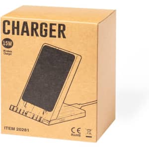 A wireless charger in a brown cardboard box with a simple design and logo, featuring a black charging pad.