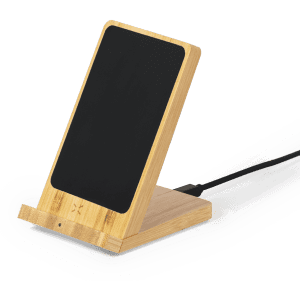 A wireless charger with a bamboo stand and a black charging surface, featuring a logo on the base.