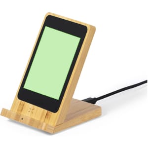 A bamboo wireless charger with a stand, featuring a black charging surface and a connecting cable.