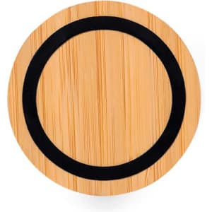A wireless charger with a bamboo surface and a black circular charging area. It includes a logo on the design.