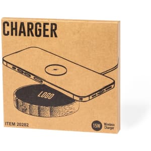 A wireless charger in a brown box featuring an illustration and a logo, with a sleek, minimalist design.