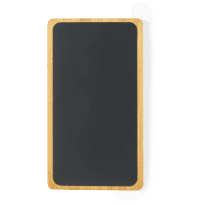 A power bank with a black surface and a light bamboo frame, featuring a logo on the front.