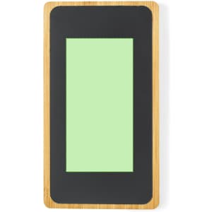 A rectangular power bank with a black exterior and a bamboo frame, featuring a central charging area.