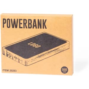 A brown box containing a black power bank, featuring a logo and specifications for a 5000 mAh capacity.