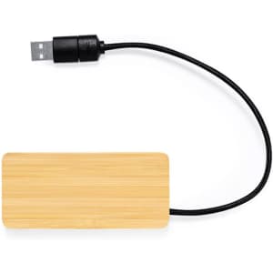 A bamboo USB hub with a black cable, featuring a sleek rectangular design and a simple, natural aesthetic.