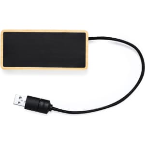 A bamboo USB hub with a black connector and braided cable, designed for multiple device connections.