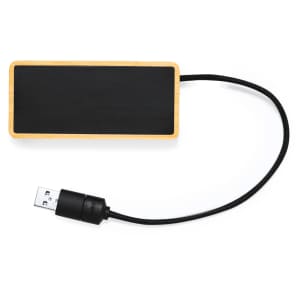 A rectangular bamboo USB hub with a black top and a black USB cable attached.