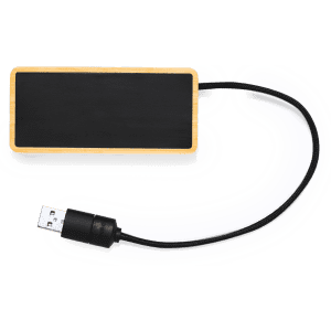 A USB hub with a sleek black body and bamboo trim, featuring a black braided cable. It has a visible logo.
