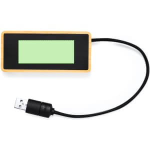 A USB hub with a wooden frame and a green rectangular panel, featuring a black cable connector. It has a logo on the front.