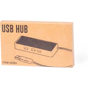 A USB hub in a brown cardboard packaging, featuring multiple USB ports and a connecting cable.