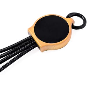 A charging cable with multiple strands, featuring a round black and gold connector and a keyring attachment.