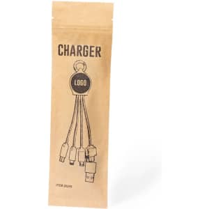 A charging cable with multiple connectors packaged in a brown paper sleeve featuring a logo.