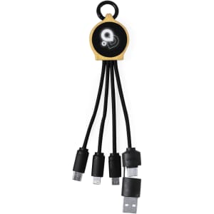A multi-port charging cable in black with a branding logo, featuring various connectors for different devices.