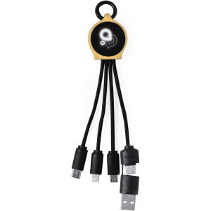 A multi-port charging cable in black with a round yellow connector and logo. It features USB, Micro USB, and Lightning connectors.