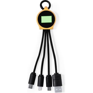 A yellow and black charging cable with multiple connectors, including USB, Lightning, and USB-C. It has a logo.