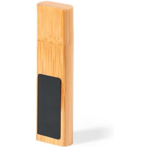 A bamboo USB memory stick in a sleek design, featuring a black section for branding. 16GB storage capacity.