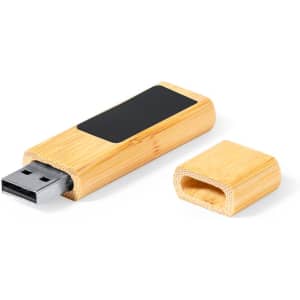 A bamboo USB memory drive with a removable cap and a black area for branding. It has a storage capacity of 16GB.