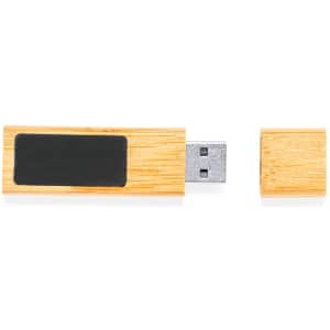 A bamboo-style 16GB USB memory stick with a removable cap, featuring a black panel for branding.