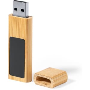 A bamboo USB flash drive with a removable cover, featuring a black section for branding or labelling.