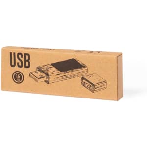 A tan cardboard box containing a 16GB USB flash drive with a wood-like design and a removable cap.