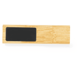 A 16GB USB memory drive with a natural wood finish and a black area, featuring a logo.