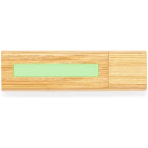 A bamboo USB memory drive featuring a green accent, designed for storing data. It has branding on the casing.