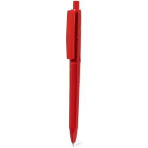 A red plastic pen with a clip, designed for writing. The pen features a smooth finish and a simple design.