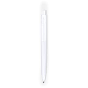 A white plastic pen with a click mechanism and a smooth finish. It features a branding logo on the body.
