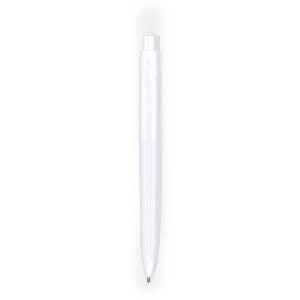 A plastic pen in white, featuring a sleek design and a branding logo.