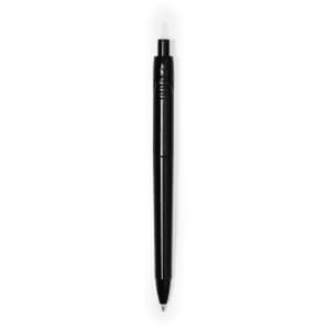 A black plastic pen with a retractable tip and a textured grip. It features a logo.