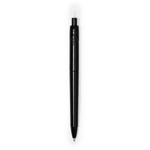 A black plastic pen with a sleek design and a button mechanism at the top. It features a branding logo.