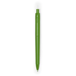 A green plastic pen with a sleek design and a visible logo.