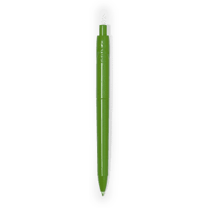 A green plastic pen displayed in a clear plastic casing, featuring a simple design and a branding logo.