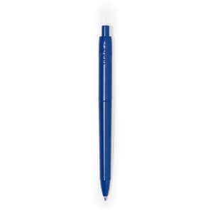 A blue plastic pen with a smooth design and a click mechanism, featuring a branding logo.