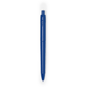 A blue plastic pen with a sleek design, displayed in a plastic casing.