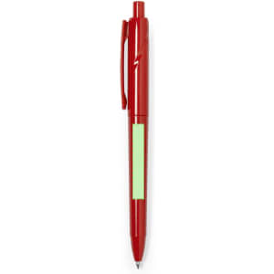 A red plastic pen featuring a clip and a green strip. The pen has a logo on its body.
