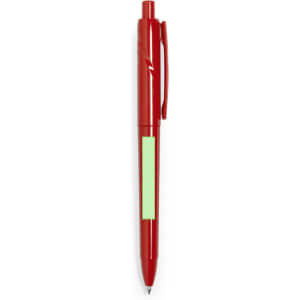 A red plastic pen with a green note section and a clip for easy attachment.