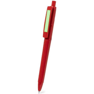 A red plastic pen with a clip and a blank area for branding or labels.