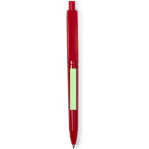 A red plastic pen with a blank green section and a black ink tip. The pen features a branding logo.