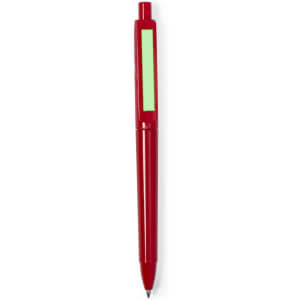 A red plastic pen with a blank green section and a black tip, featuring a logo on the barrel.